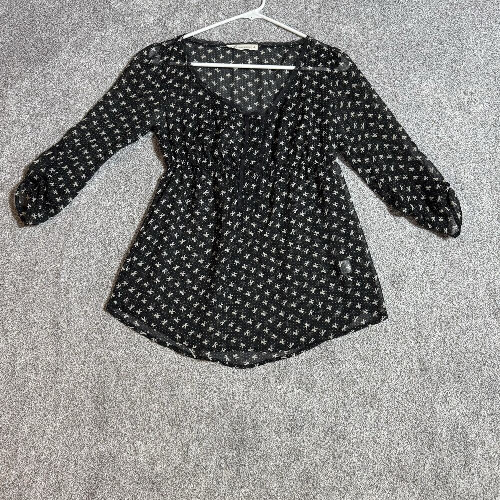 Babydoll Top Womens Small Sheer Bow Print Fairycore Romantic Chic Flowy Dainty